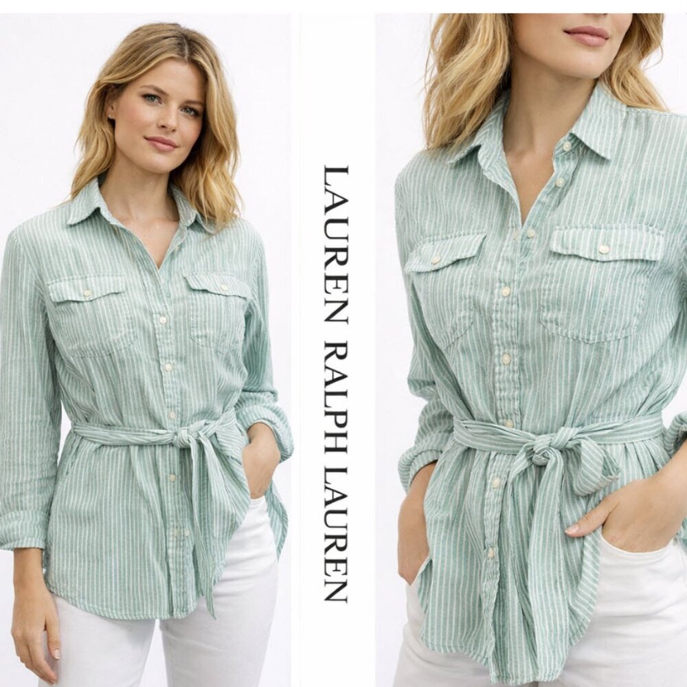 Ralph Lauren Linen Button Shirt Mint Striped Tie Waist Top Size Small